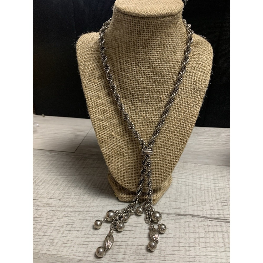 VTG‎ Chunky Rope Lariat Bolo Silver Tone Necklace Tassel Beads 26" Adjustable